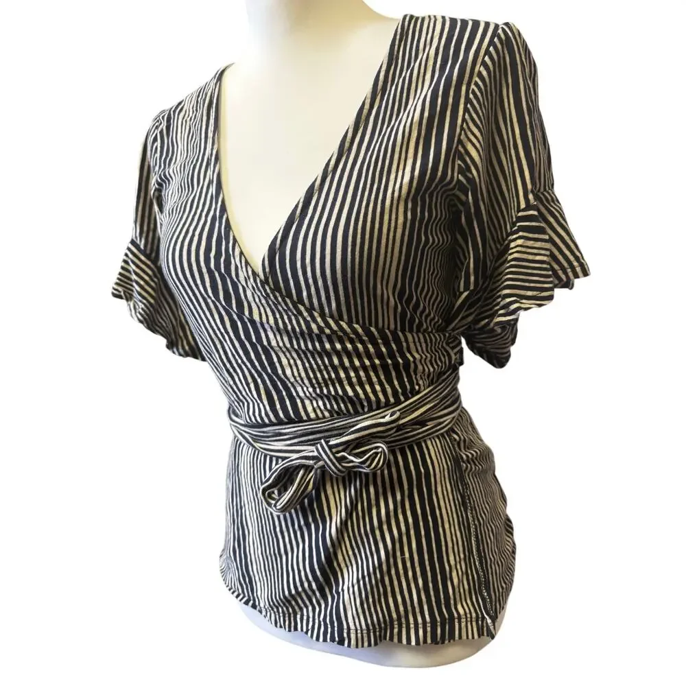 Free people womens M black and cream striped wrap top flutter sleeve tie waist